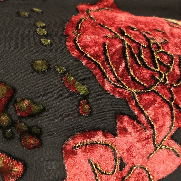 Holiday Wrap Blouse Silk Velvet Burnout Red Roses on Black Sexy Low V Sheer Sle - Picture 8 of 11